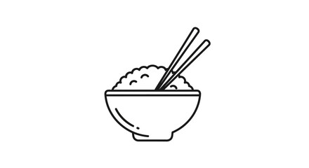 Clean vector outline of a warm bowl of fluffy white rice served with traditional chopsticks, symbolizing a staple of Eastern culinary tradition and wholesome, healthy eating