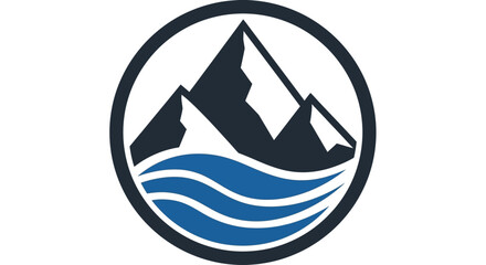 Dynamic Circular Logo Design featuring Stylized Mountain Peaks Rising Above Flowing Waters, Symbolizing Nature's Majesty, Adventure, and Serenity for Brand Identity