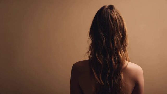 Serene view of woman's back with flowing auburn hair against a soft background.