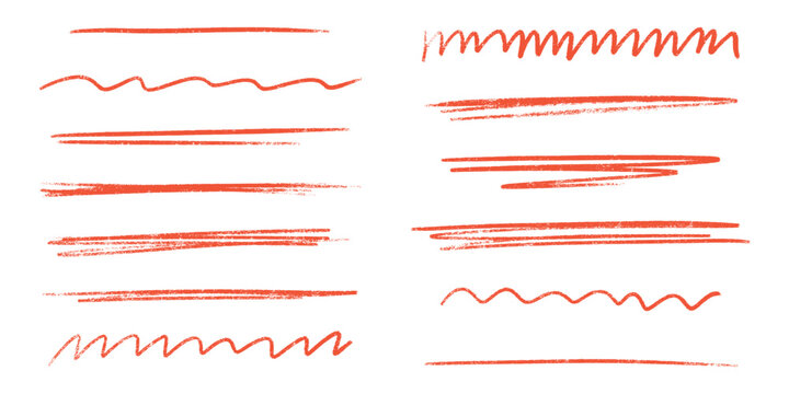 Red line brush stroke with pencil underline and crayon textures for graphic design - wavy marks, straight elements and zigzag patterns. Hand drawn highlights with rough edges for text decoration.