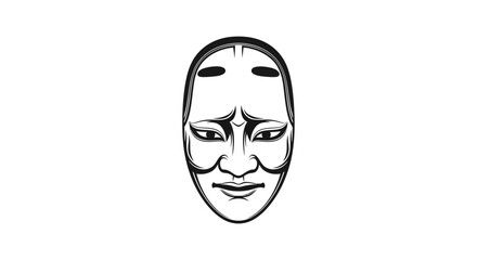 Elegant black and white line art depicting a traditional Japanese theatrical Noh mask, representing the timeless beauty and cultural depth of ancient performance traditions