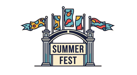 Fototapeta premium Colorful Summer Fest Entrance Gate with Waving Banners and Abstract Art Flags, Symbolizing Fun, Joy, and Outdoor Celebrations