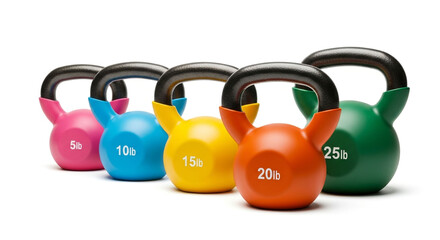 Colorful kettlebells isolated on white background, arranged in ascending order by weight, perfect for fitness and strength training