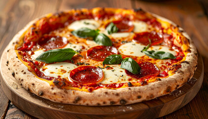 Fresh artisanal pepperoni pizza with melted cheese and basil. Appetizing food. Delicious snack.
