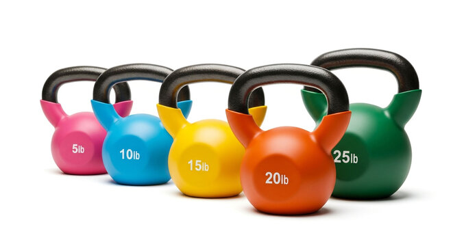 Colorful kettlebells isolated on white background, arranged in ascending order by weight, perfect for fitness and strength training - Powered by Adobe