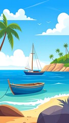 Tropical beach scene with sailboat and small boat