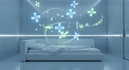 Fototapeta premium A futuristic bedroom with plus signs floating above the bed in a modern setting