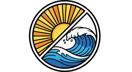 A vibrant graphic illustration featuring a radiant sun and dynamic ocean waves, symbolizing the tranquil beauty of coastal environments, summer leisure, and the powerful forces of nature