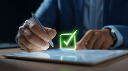 businessman using a tablet with a green check mark icon on a virtual screen for customer service
