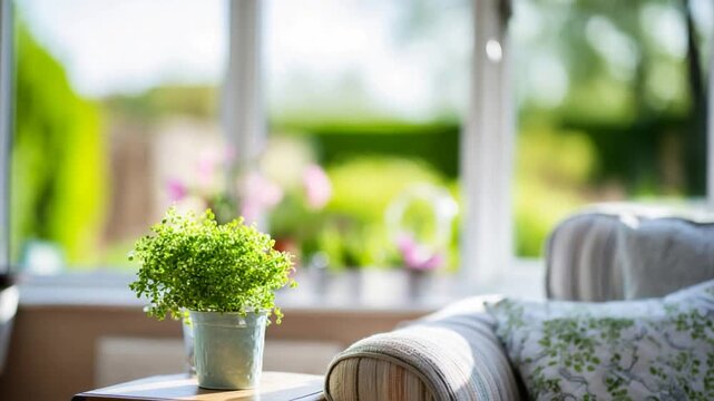 Cozy sunroom with potted plant and floral patterned cushions, sunlit garden view.
