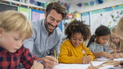 a handsome teacher is helping kids with a creative craft in a school class.