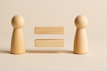 Two wooden peg figures facing each other with equal sign between them representing equality and fairness
