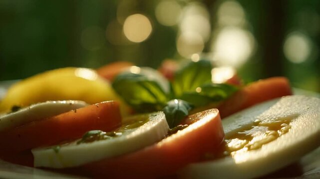 Fresh Caprese Salad with Ripe Tomatoes and Mozzarella Drizzled with Olive Oil Outdoors.