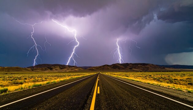 Dramatic lightning storm over a long, straight highway - Powered by Adobe