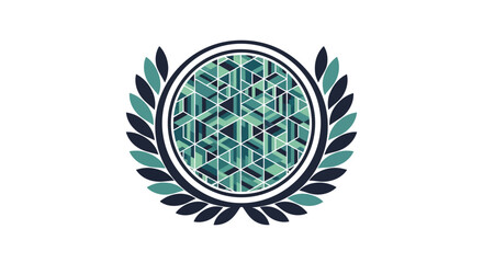 Modern geometric abstract pattern in a stylized circular emblem adorned with elegant laurel wreaths, symbolizing innovation and structured digital design concept artwork