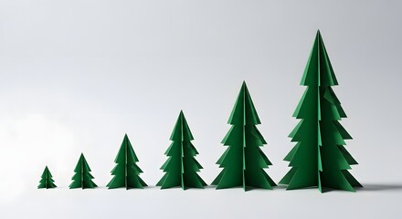 Obraz premium Row of green paper trees increasing in size on a white background, symbolizing growth, progress, and nature