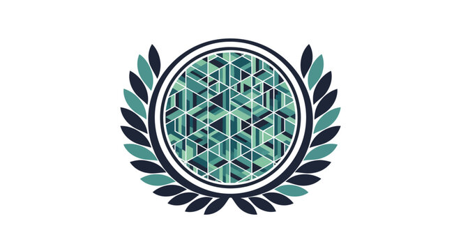 Modern geometric abstract pattern in a stylized circular emblem adorned with elegant laurel wreaths, symbolizing innovation and structured digital design concept artwork