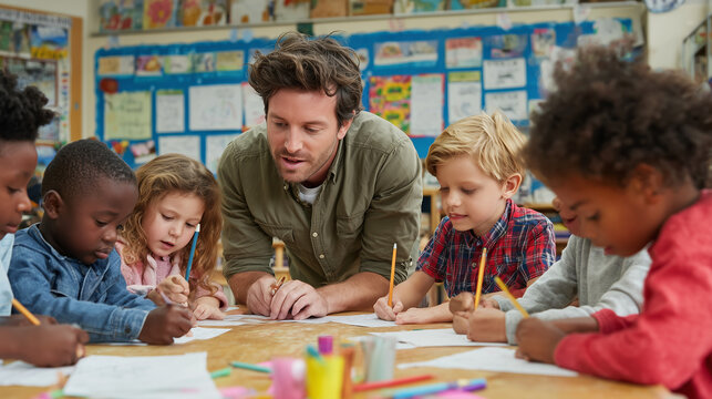 a handsome teacher is helping kids with a creative craft in a school class.