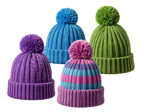 Four colorful ribbed knit hats with pom-poms
