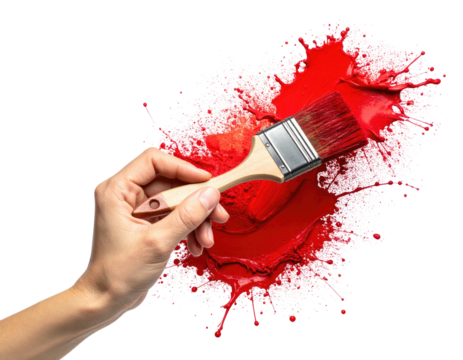 Hand holding paintbrush over a vibrant red paint splatter - Powered by Adobe