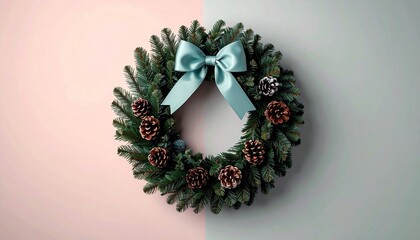 Festive Christmas Wreath with Pine Cones and Teal Bow on Pastel Background.