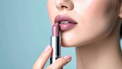 Woman Applying Mauve Lipstick Closeup Beauty Shot.