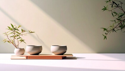 Serene Minimalist Tea Ceremony Setting with Sunlight.