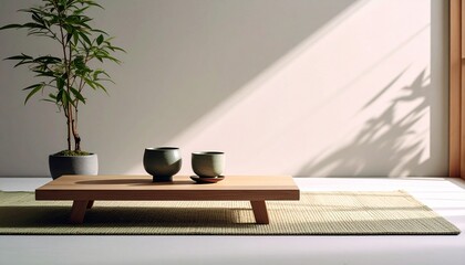 Serene Minimalist Room with Tea Set and Sunlight.