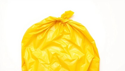 A crumpled yellow plastic grocery bag on a white background,  light,  retail