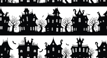 Seamless pattern with haunted houses halloween with spooky mansions and bare trees