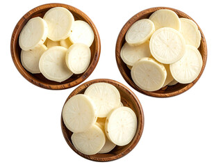 Three wooden bowls filled with sliced white root vegetables