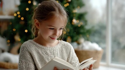 A child's joyful expression shines as she reads a book beside a festive tree, surrounded by a winter wonderland atmosphere - Powered by Adobe