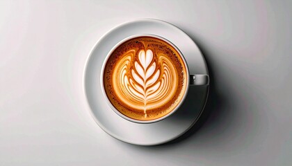Aromatic Latte Art Coffee Drink in White Cup on Saucer.
