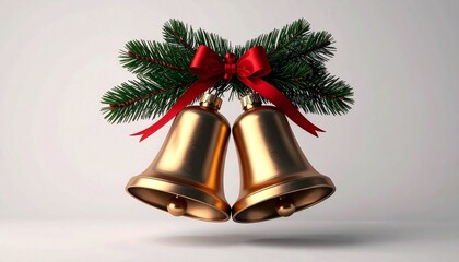 Festive Gold Bells with Red Bow and Pine Branch for Christmas.