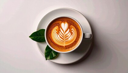 Aromatic Latte Art Coffee Cup Top View on White Background.