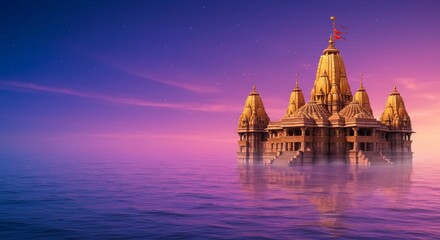 Fototapeta premium Somnath Temple Festival banner background, ocean temple on glowing gradient 