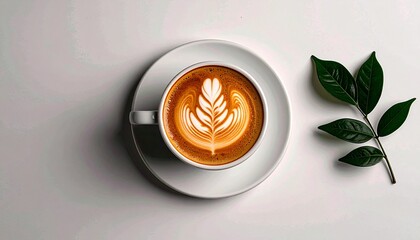Aromatic Latte Art Coffee Drink with Green Leaves.
