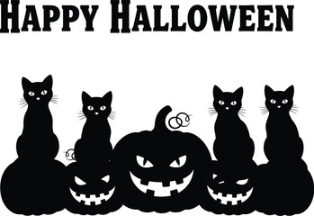 Happy halloween greeting card with black cats and pumpkins for a spooky and fun celebration