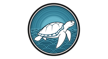 Graceful Sea Turtle Gliding Through Stylized Ocean Waves - A Captivating Emblem Illustrating Marine Life, Nature's Tranquility, and Aquatic Conservation Efforts
