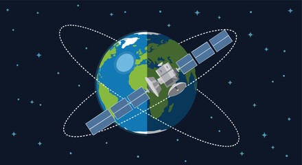 Satellite Orbiting Earth with Solar Panels in a Dark Starry Space