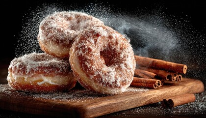 Three sugared donuts on a wooden board with cinnamon sticks, dusted with powdered sugar