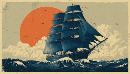 Vintage sailing ship on rough seas, sun backdrop