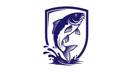 Fototapeta premium Dynamic graphic illustration of a majestic carp fish leaping from water within a shield emblem, symbolizing strength, agility, and the spirit of aquatic life, ideal for branding