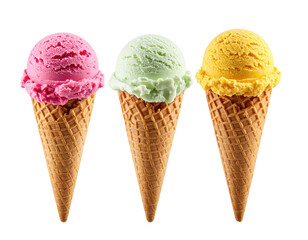 Three ice cream scoops, pink, lime green, and yellow, on waffle cones