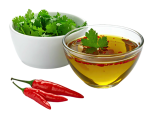Two small white bowls and three red chili peppers. One bowl holds fresh cilantro, the other a golden oil with red flecks