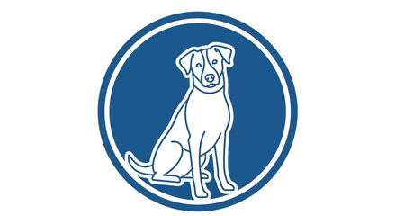 Minimalist line art illustration of a friendly sitting dog in a blue circle, perfect for pet care branding and animal welfare logos