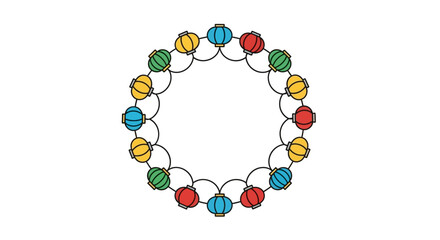 Vibrant circle of traditional Asian lanterns, illuminated in a festive and decorative arrangement, symbolizing celebration and cultural heritage in a colorful, cheerful display