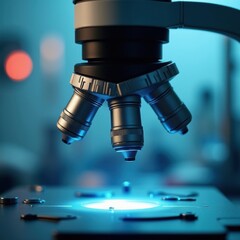 Detailed View of Advanced Microscope Lens System Illuminating Scientific Discovery