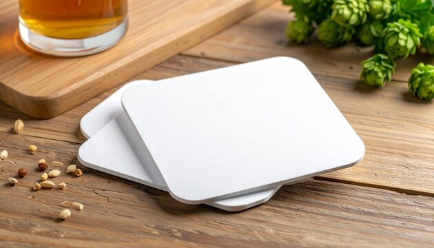 Stack of white ceramic coasters on rustic wooden surface with green plant in background