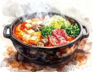 Watercolor illustration of a Japanese hot pot with winter vegetables cabbage mushrooms tofu and meat in cozy warm style
